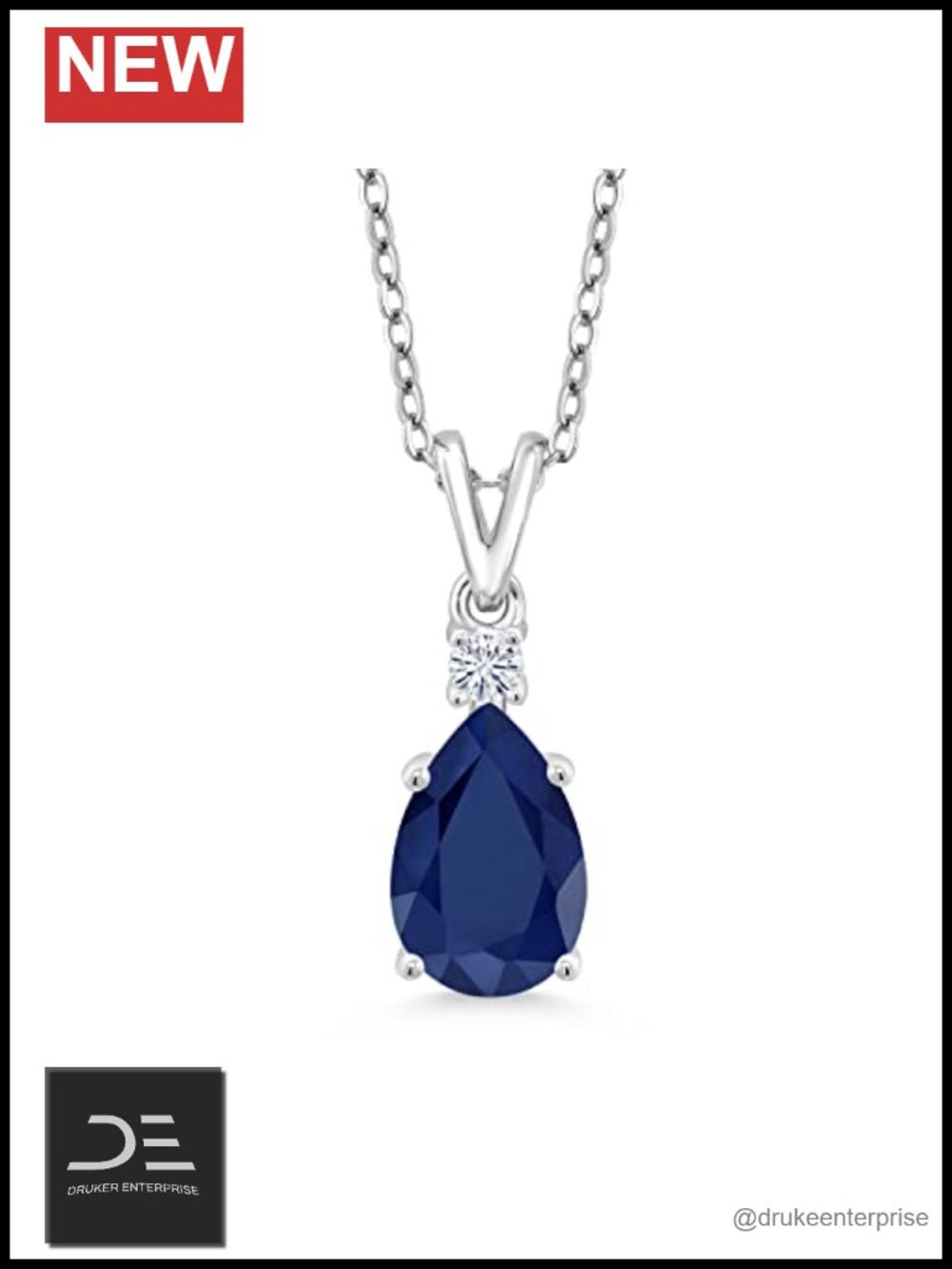 925 Sterling Silver Blue Sapphire Moissanite Teardrop Pendant Necklace 18"